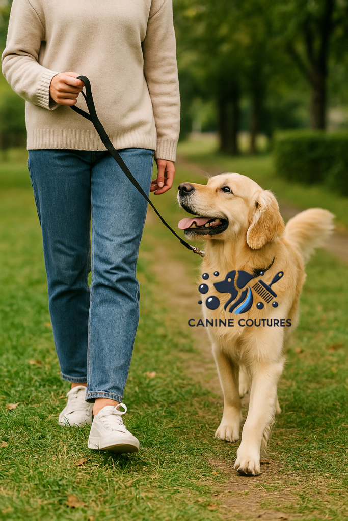 walking dog on leash, successful dog training UK