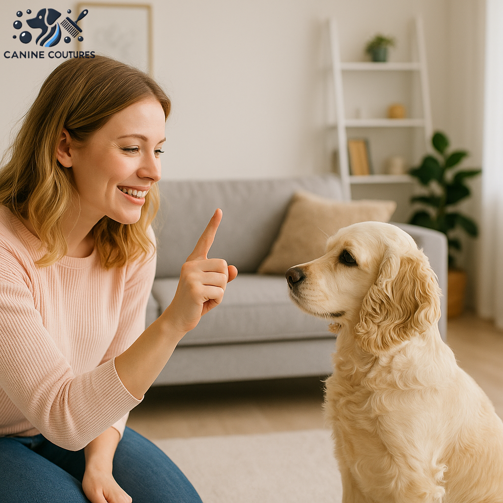 woman training dog at home UK, happy dog learning basic commands